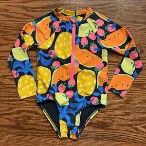 NWOT toddler girls 2T long sleeve one piece swimsuit fruit motif zipper front